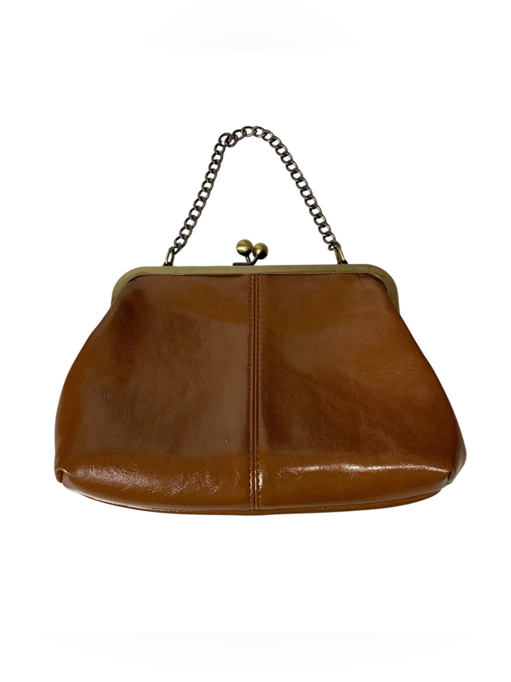 Cognac Retro Kiss Lock Faux Leather Shoulder Bag - Picture 2 of 7